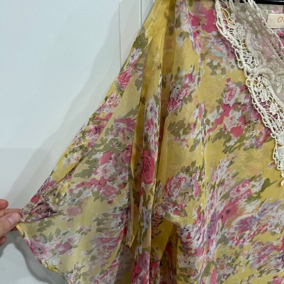 Orange Floral Chiffon Sheer Blouse Lace Trim Lightweight Top Size OS Bohemian - Picture 5 of 10